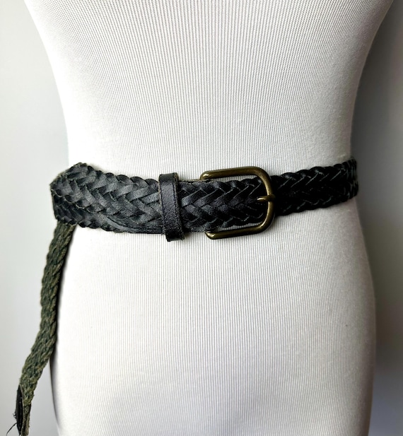 90s Braided Black Leather Belt: Boho Woven Trouser Belt, Fits up 90s Braided Black Leather Belt: Boho Woven Trouser Belt, Fits up