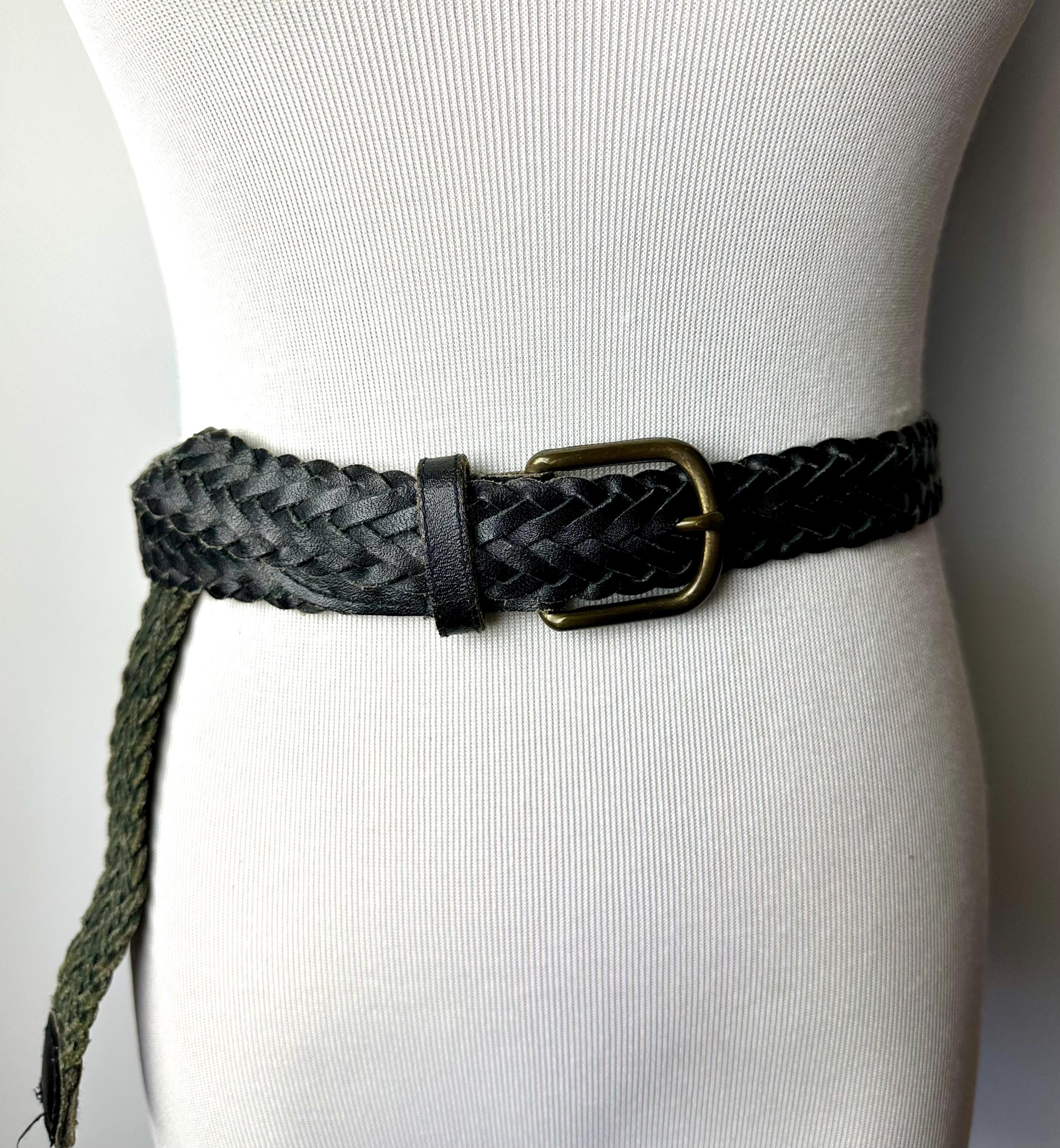 90's Black Leather Belt~ Braided Woven Boho Hippie Style