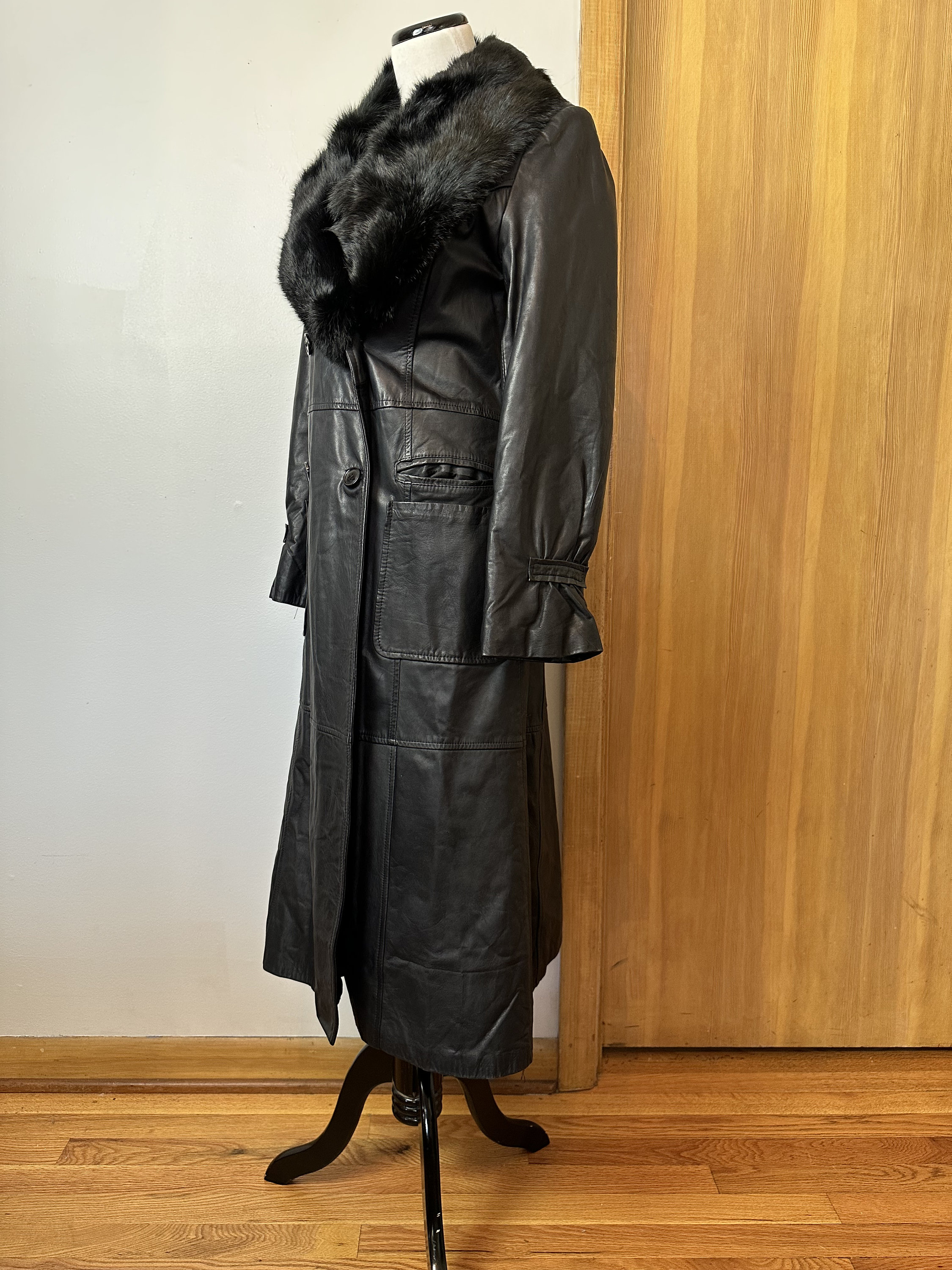 70's Black Leather Coat~ Full Length Long Fitted Overcoat