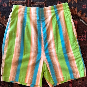 50’s-60’s high waisted shorts| neon bright colorful 1950&#39;s-60&#39;s striped cotton airbrush stripes pencil shorts| metal side zipper ~Small