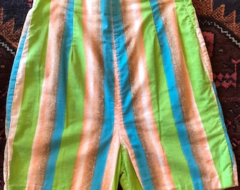 50’s-60’s high waisted shorts| neon bright colorful 1950&#39;s-60&#39;s striped cotton airbrush stripes pencil shorts| metal side zipper ~Small