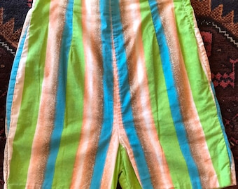 50’s-60’s high waisted shorts| neon bright colorful 1950's-60's striped cotton airbrush stripes pencil shorts| metal side zipper ~Small