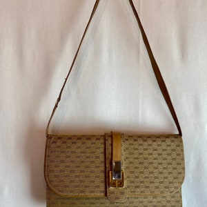 Gucci purse 1970s 80s Shoulder bag leather & cloth VTG monogram handbag Made in Italy slim petite slender rectangular Micro GG print image 3