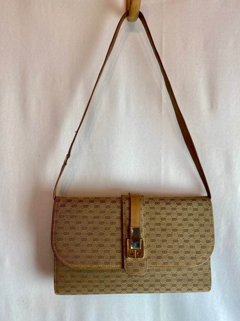 Gucci purse 1970s 80s Shoulder bag leather & cloth VTG monogram handbag Made in Italy slim petite slender rectangular Micro GG print image 3