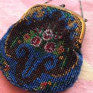 Jewel tone micro beaded wristlet purse 1900s-1920s era. Lovely floral design intricate design pattern enamel chain image 6