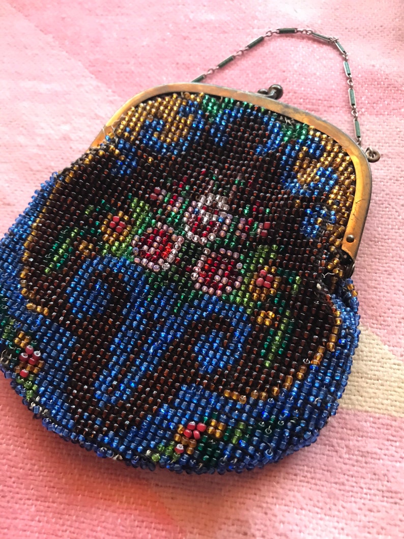 Jewel tone micro beaded wristlet purse 1900s-1920s era. Lovely floral design intricate design pattern enamel chain image 6