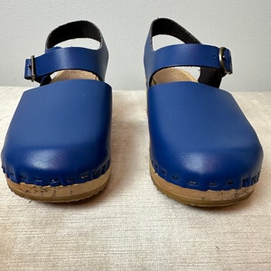 Bright blue Girls leather clogs timeless wooden clogs sandals buckle strap wedges boho style youth size 35 image 6