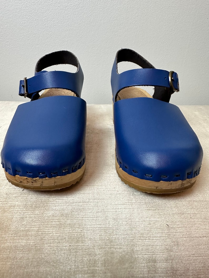 Bright blue Girls leather clogs timeless wooden clogs sandals buckle strap wedges boho style youth size 35 image 6