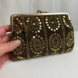 VTG 60s studded corduroy pouch small card holder accessories case brown cotton cord gold studs & beads beaded image 8