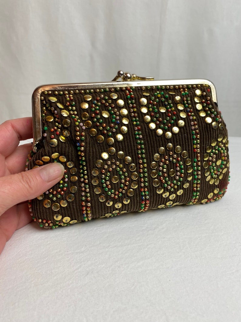 VTG 60s studded corduroy pouch small card holder accessories case brown cotton cord gold studs & beads beaded image 8