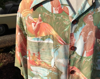 40’s Rayon Photo print shirt~ Novelty print cold rayon 1940’s crossroads of the pacific Hawaiian scenic Surfers iconic images~ Rare size LG