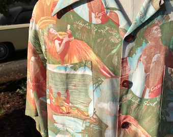 40’s Rayon Photo print shirt~ Novelty print cold rayon 1940’s crossroads of the pacific Hawaiian scenic Surfers iconic images~ Rare size LG