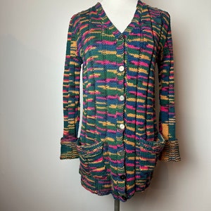 Vintage hand made sweater 1970s v-neck cardigan with pockets Boho patchwork style weave colorful fitted long ribbed wool size Mediumish image 9