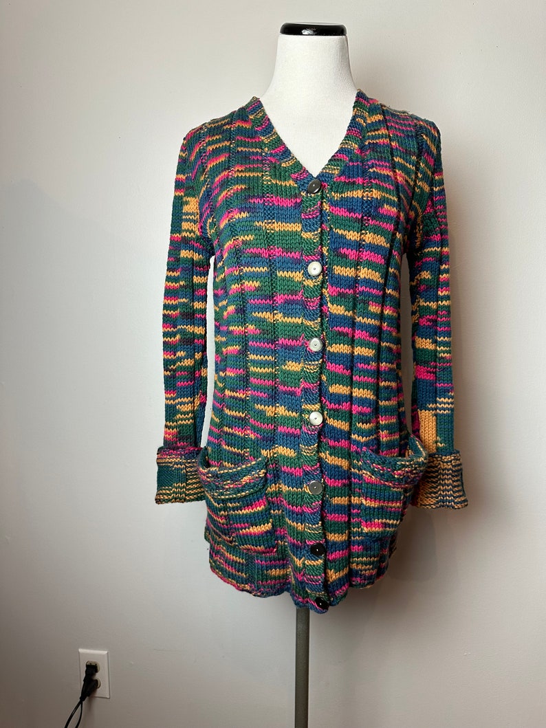 Vintage hand made sweater 1970s v-neck cardigan with pockets Boho patchwork style weave colorful fitted long ribbed wool size Mediumish image 9