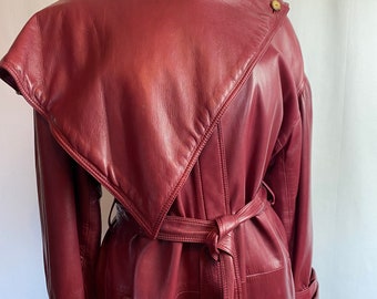 Loewe Luxurious vintage leather coat Full length trench~Burgundy berry red-voluminous Soft like butter gorgeous 3 pc set Size 44 Large