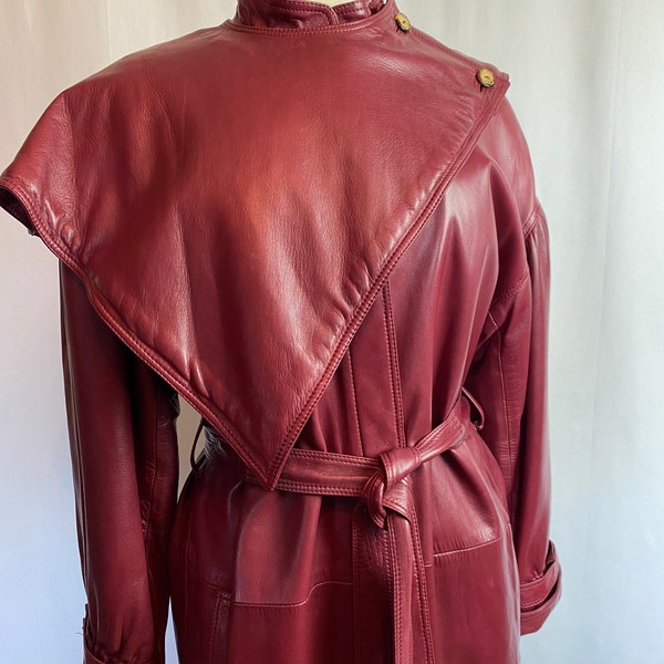 Loewe Luxurious vintage leather coat Full length trench~Burgundy berry red-voluminous Soft like butter gorgeous 3 pc set Size 44 Large