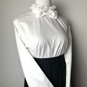 Vintage 60s White Blouse: Bow Tie Neck, Lacy Turtleneck, Mod