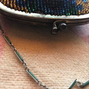Jewel tone micro beaded wristlet purse 1900s-1920s era. Lovely floral design intricate design pattern enamel chain image 7