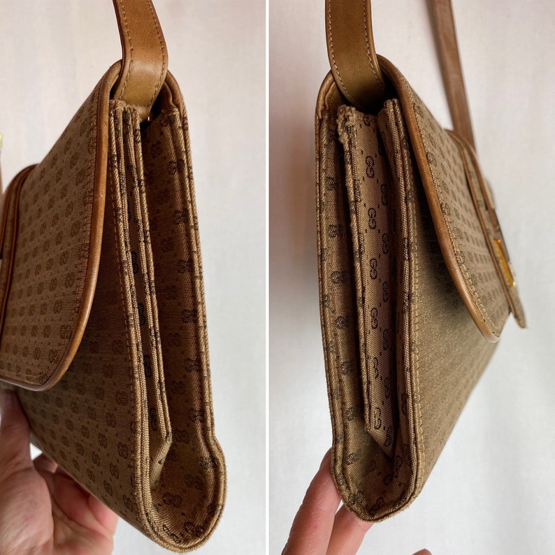 Gucci purse 1970s 80s Shoulder bag leather & cloth VTG monogram handbag Made in Italy slim petite slender rectangular Micro GG print image 9