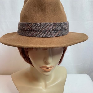 Vintage fedora hat ~felted wool English countryman stylish brown hat with plaid wool band ~ gender neutral stylish unisex