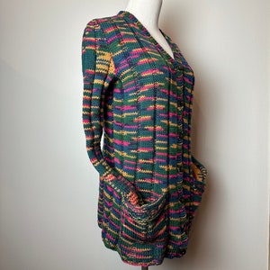 Vintage hand made sweater 1970s v-neck cardigan with pockets Boho patchwork style weave colorful fitted long ribbed wool size Mediumish image 2