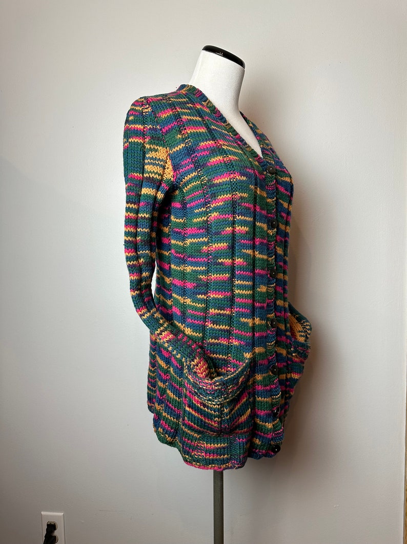 Vintage hand made sweater 1970s v-neck cardigan with pockets Boho patchwork style weave colorful fitted long ribbed wool size Mediumish image 2