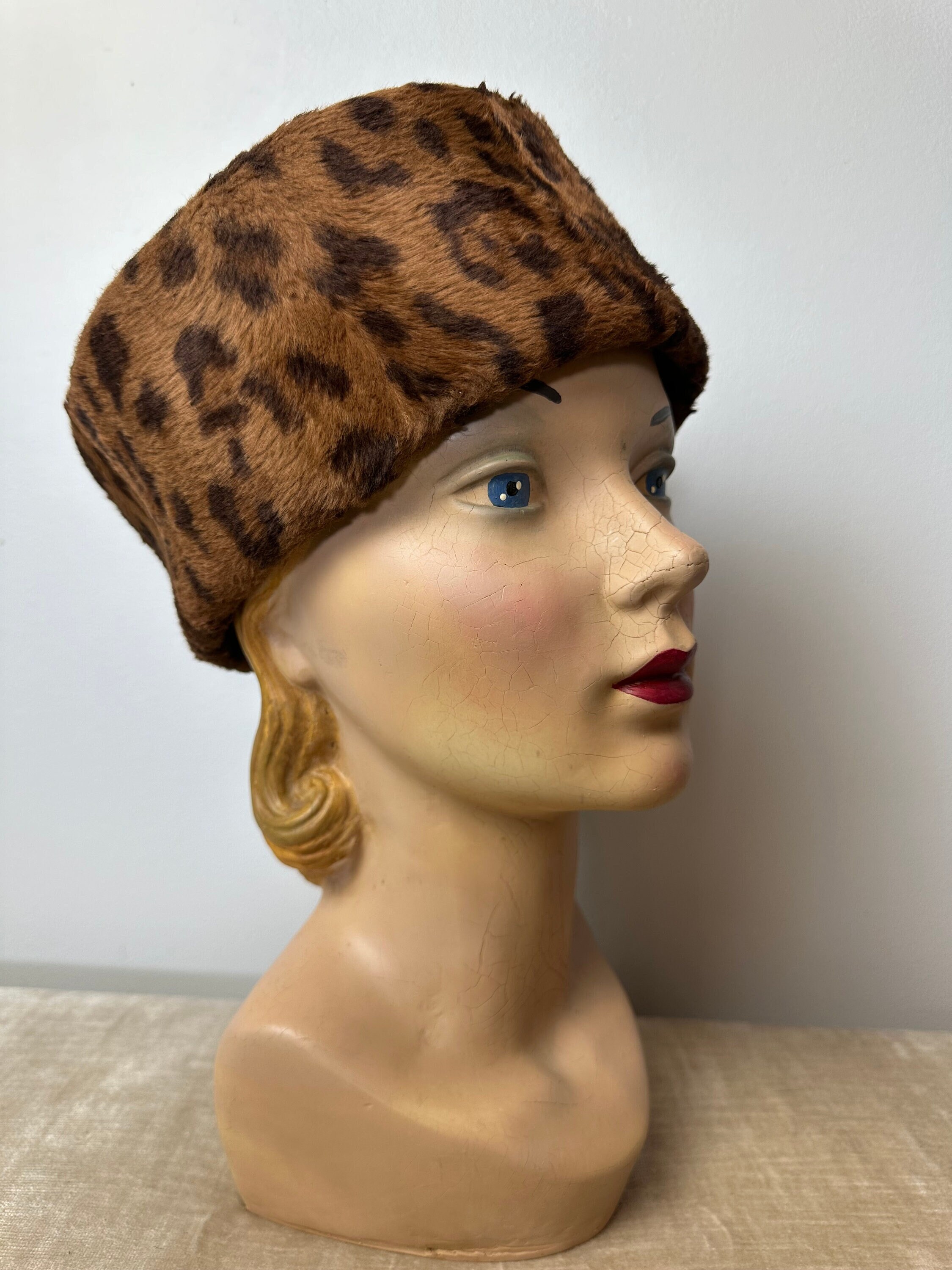 1960's Leopard Print Hat~ Faux Fur Furry Pillbox Style MCM