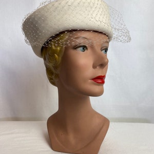 50s-60s vintage white veiled hat netted felt hats retro wedding ivory & off white dressy modern fancy pillbox style 画像 7