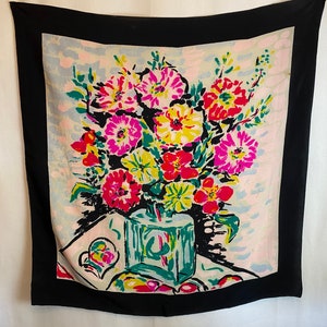 Vintage all silk scarf Vibrant colorful floral print had rolled unique XLG square style wall art shawl neck scarf headscarf foulard