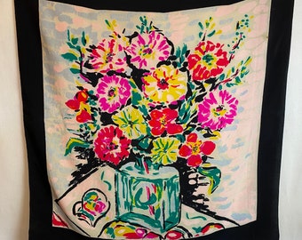 foulard vintage tout en soie imprimé floral coloré vibrant avait roulé unique style carré XLG art mural châle foulard foulard foulard