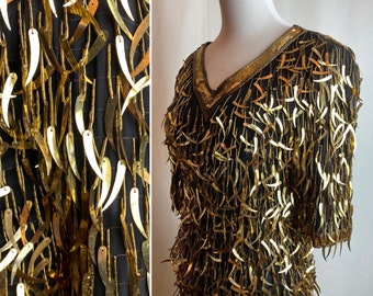 Vintage Bright shiny gold sparkly dress~ black silk dramatic flashy flapper bombshell wiggle sexy fun party dress~ spheres discs beaded~ XSM