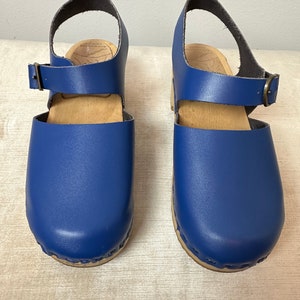 Bright blue Girls leather clogs timeless wooden clogs sandals buckle strap wedges boho style youth size 35 image 2