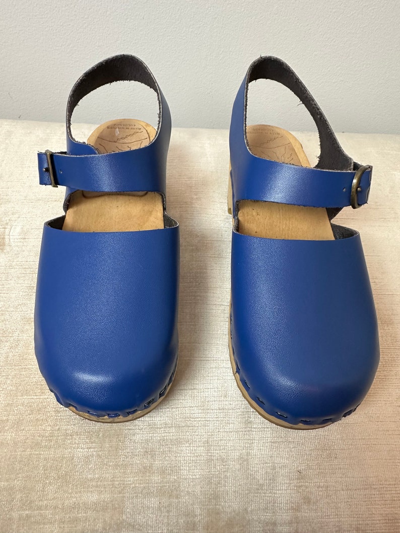Bright blue Girls leather clogs timeless wooden clogs sandals buckle strap wedges boho style youth size 35 image 2