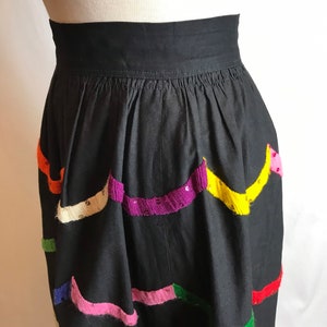 50s cotton patio skirt fit & flare pinup rockabilly Rainbow embroidery embroidered colorful black Teresa Original Taxco 26 waist image 6