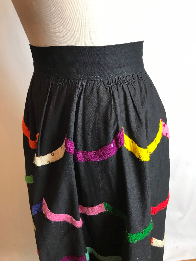 50s cotton patio skirt fit & flare pinup rockabilly Rainbow embroidery embroidered colorful black Teresa Original Taxco 26 waist image 6