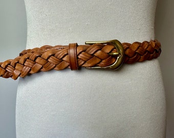 Vintage braided leather belt Artesian thick woven~ honey brown skinny trouser belts~ gender neutral/ unisex open size up to 32” waist