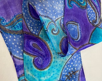 60’s 70’s silk scarf head scarves neckerchief bow~ 100% silk groovy tie dyed batik paisley print Indian turquoise purple