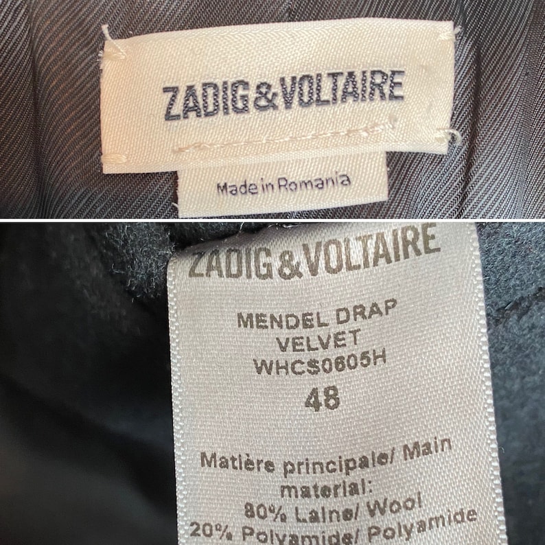 Mens Black overcoat Dress jacket long wool jacket velvet collar Zadig & Voltaire size 46 XLG image 8
