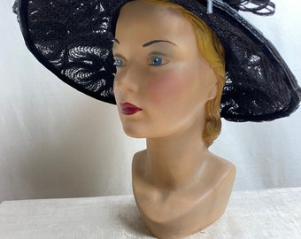 Absolutely amazing 60’s black hat Wide brim Gorgeous woven straw lacy sheer special occasion Show stopper dramatic