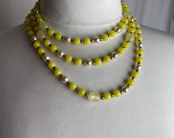 Vintage 60’s necklace ~ yellow & white pearly long beaded ~groovy Mod Pop of color~ plastic retro necklaces long length~ 1960s costuming