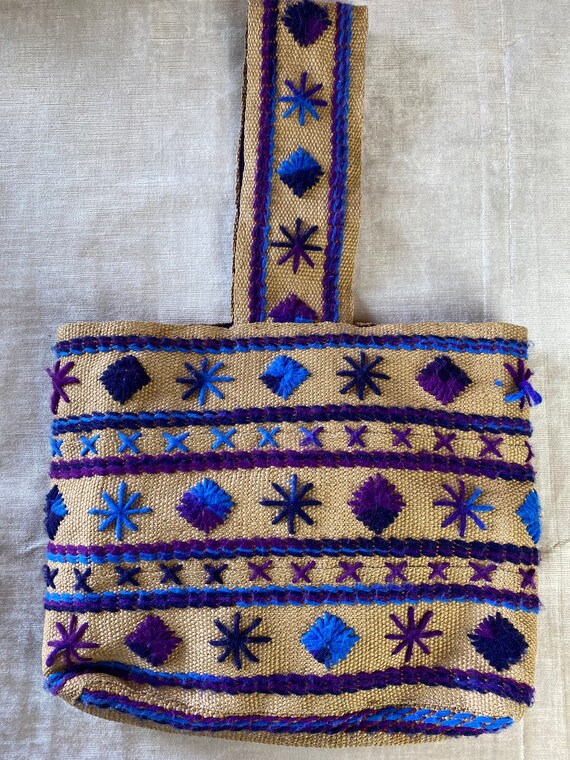 60’s floral embroidery woven burlap tote pretty P… - image 6