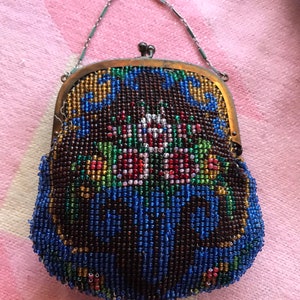 Jewel tone micro beaded wristlet purse 1900s-1920s era. Lovely floral design intricate design pattern enamel chain image 3