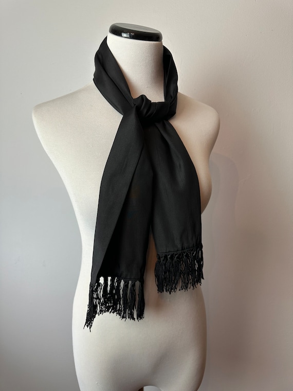 Vtg black tuxedo scarf Ascot~ thin fringed rayon 1