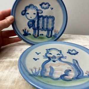Ma Hadley Pair of small plates cat & lamb farmhouse cottagecore vintage dish wear blue handmade ceramic image 1