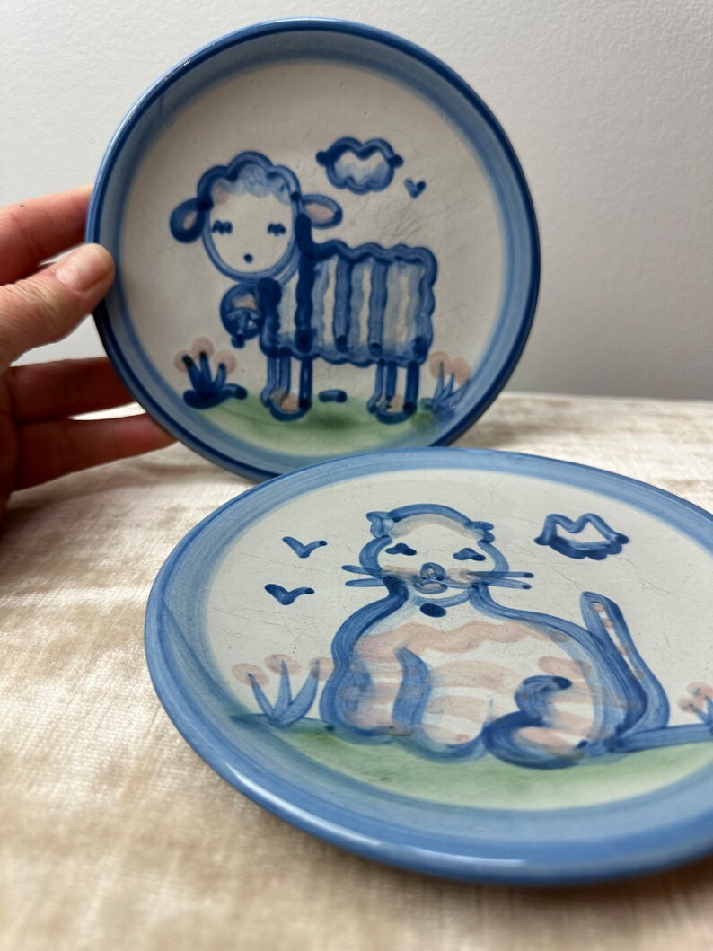 Ma Hadley Pair of small plates cat & lamb farmhouse cottagecore vintage dish wear blue handmade ceramic image 1