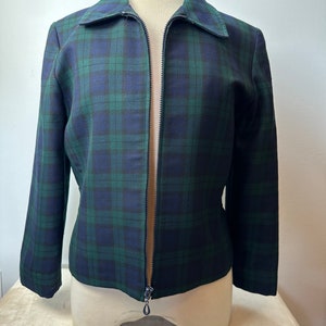 Pendleton plaid jacket Womens lightweight wool nipped waist 1990s green blue tartan plaid coat 49er style /size Small image 1