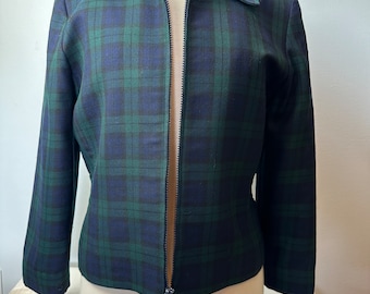 Pendleton plaid jacket~ Women’s lightweight wool nipped waist~ 1990’s green blue tartan plaid coat 49er style /size Small