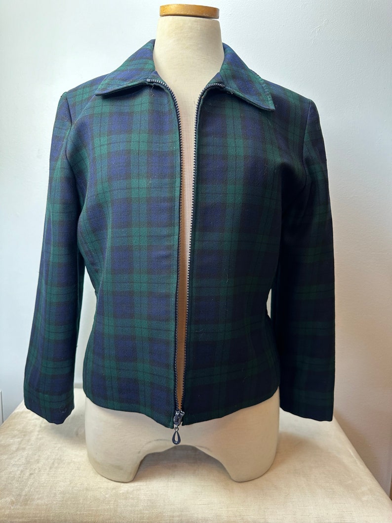 Pendleton plaid jacket Womens lightweight wool nipped waist 1990s green blue tartan plaid coat 49er style /size Small image 1