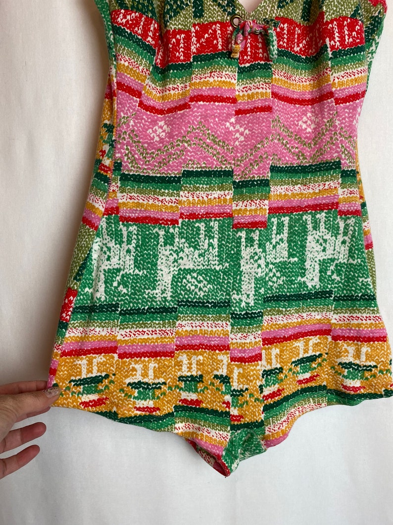 60s 70s boho hippie swimsuit one piece Sexy jersey knit pink & green print bathing suit groovy retro pattern size 6ish Medium image 4