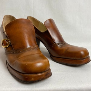 Sexy 70s chunky heel platform style shoes chestnut leather womens heels buckle slip on wide heel smaller size petite image 5
